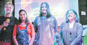 From left: Saba Idol host Wolfgang Tooten with finalists Sheritsa Oleana (Saba), Joel Tellez (USA) and Mandy Zamani (USA).